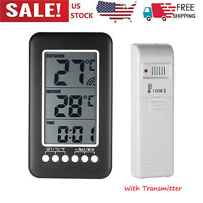 Digital Indoor Outdoor Thermometer Clock Temperature Meter Wireless Transmitter
