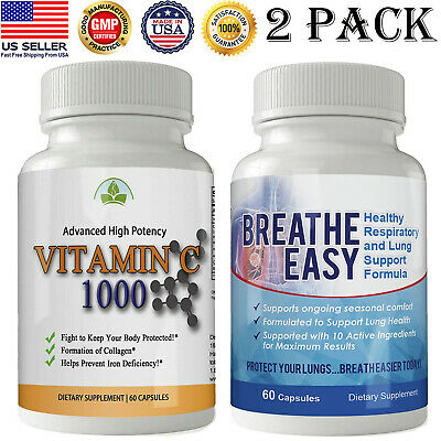 2 Pack Vitamin C 1000mg Caps Breathe Easy Respiratory System Lungs Support Pills