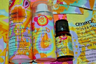 Amika Hair Care Sample Set with Free Cosmetic Bag Texture Spray Dry Shampoo Oil