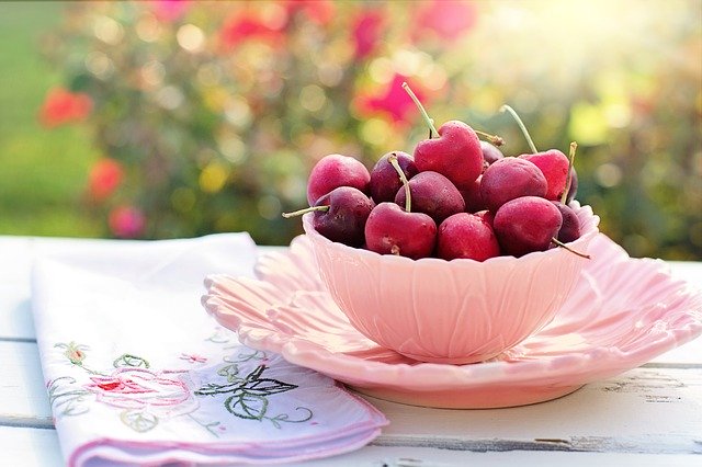 cherries, bowl, pink