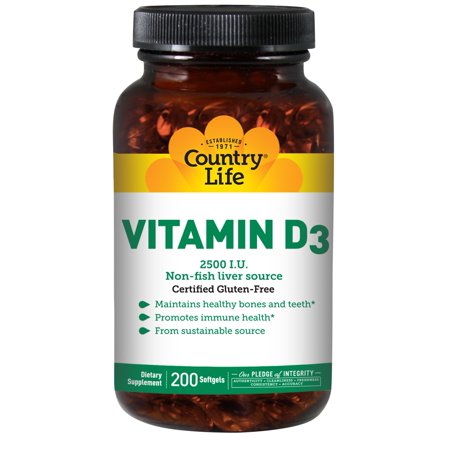 Country Life Vitamin D3 Non-Fish Liver Source 2500 IU Softgels, 200 Ct