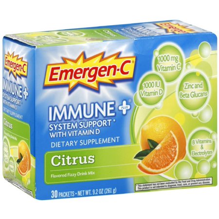 Emergen-C Immune+ (30 Count, Citrus Flavor) Dietary Supplement With Vitamin D Fizzy Drink Mix, 1000mg Vitamin C, 0.31 Ounce Packets