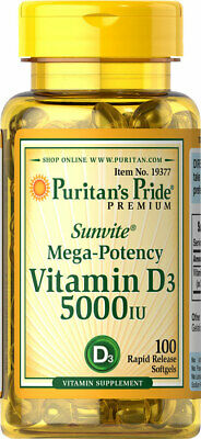 Puritan's Pride Vitamin D3 5000 IU 100 Softgels Mega Potency Bones Supplement