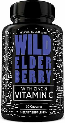 Wild Elderberry Sambucus Supplement w/ Zinc & Vitamin C, Immune Boost, 60 Caps