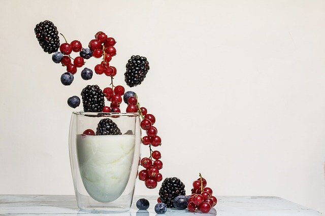 yogurt, fruits, blackberries